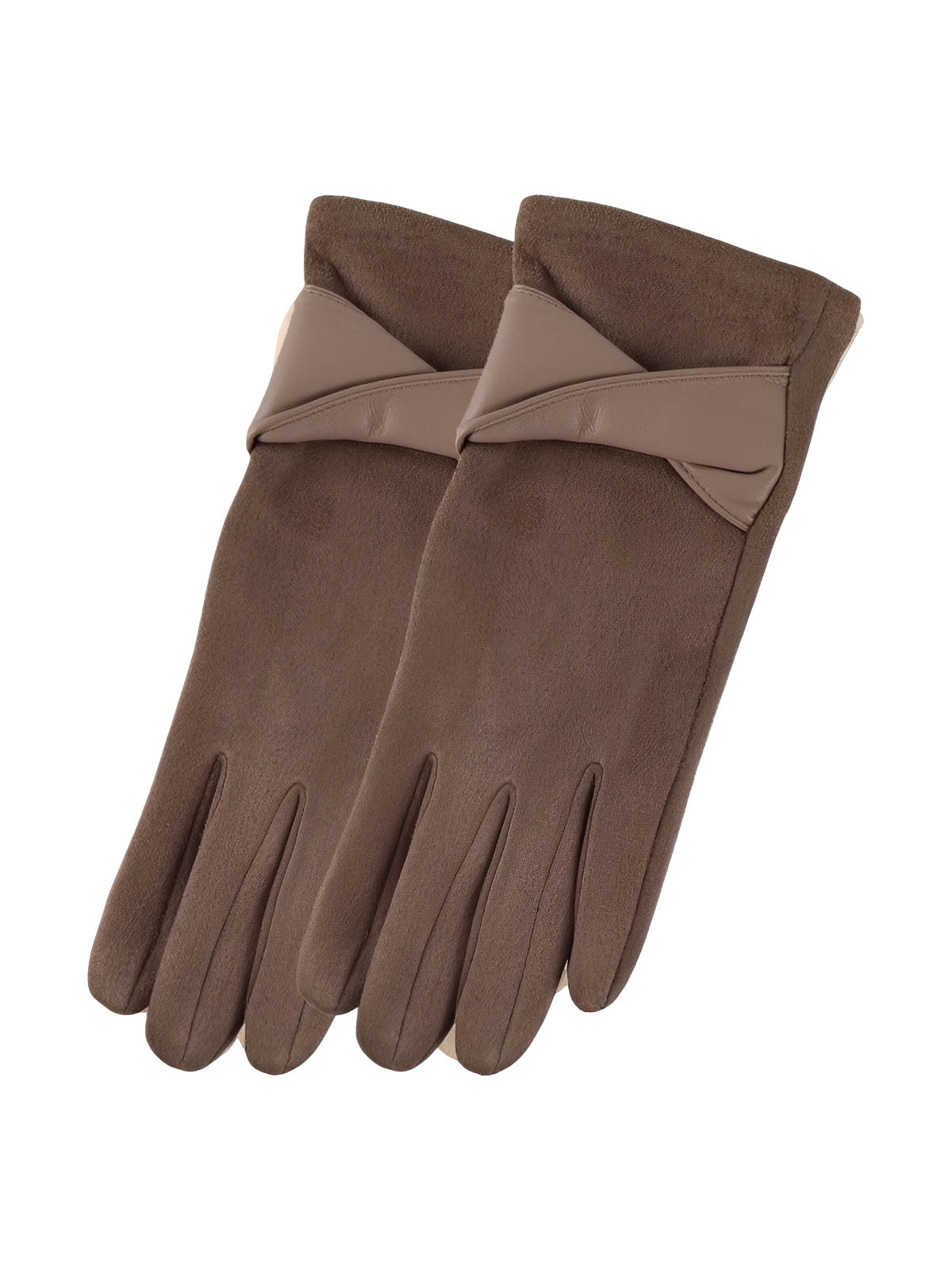 Gants femme hiver, gants tactiles chauds, en suédine doublés, gants chic avec nœud simili vegan, modèle Fouke - Gants - Café