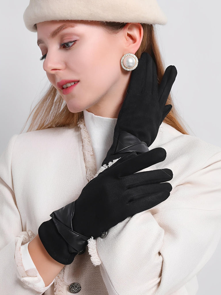 Gants femme hiver, gants tactiles chauds, en suédine doublés, gants chic avec nœud simili vegan, modèle Fouke - Gants - Noir