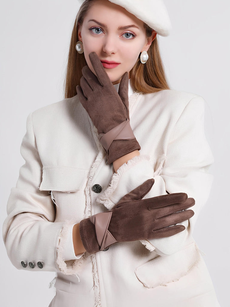 Gants femme hiver, gants tactiles chauds, en suédine doublés, gants chic avec nœud simili vegan, modèle Fouke - Gants - Café