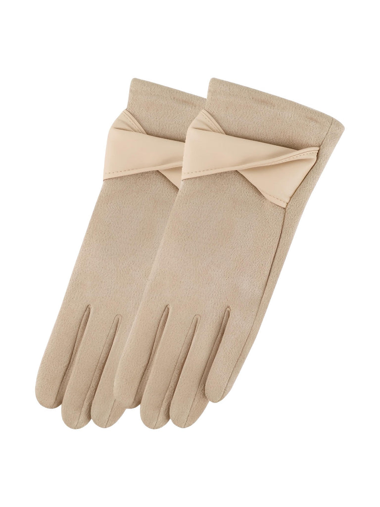 Gants femme hiver, gants tactiles chauds, en suédine doublés, gants chic avec nœud simili vegan, modèle Fouke - Gants - Beige