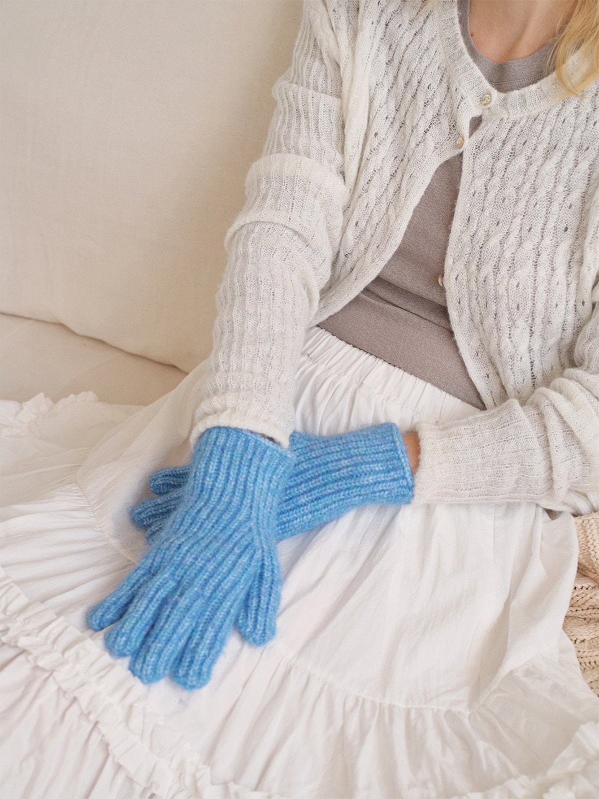 Gants hiver laine côtelée, maille épaisse tactile, douceur chaude unisexe, style casual coloré, taille unique, modèle Tyanne - Gants - Bleu