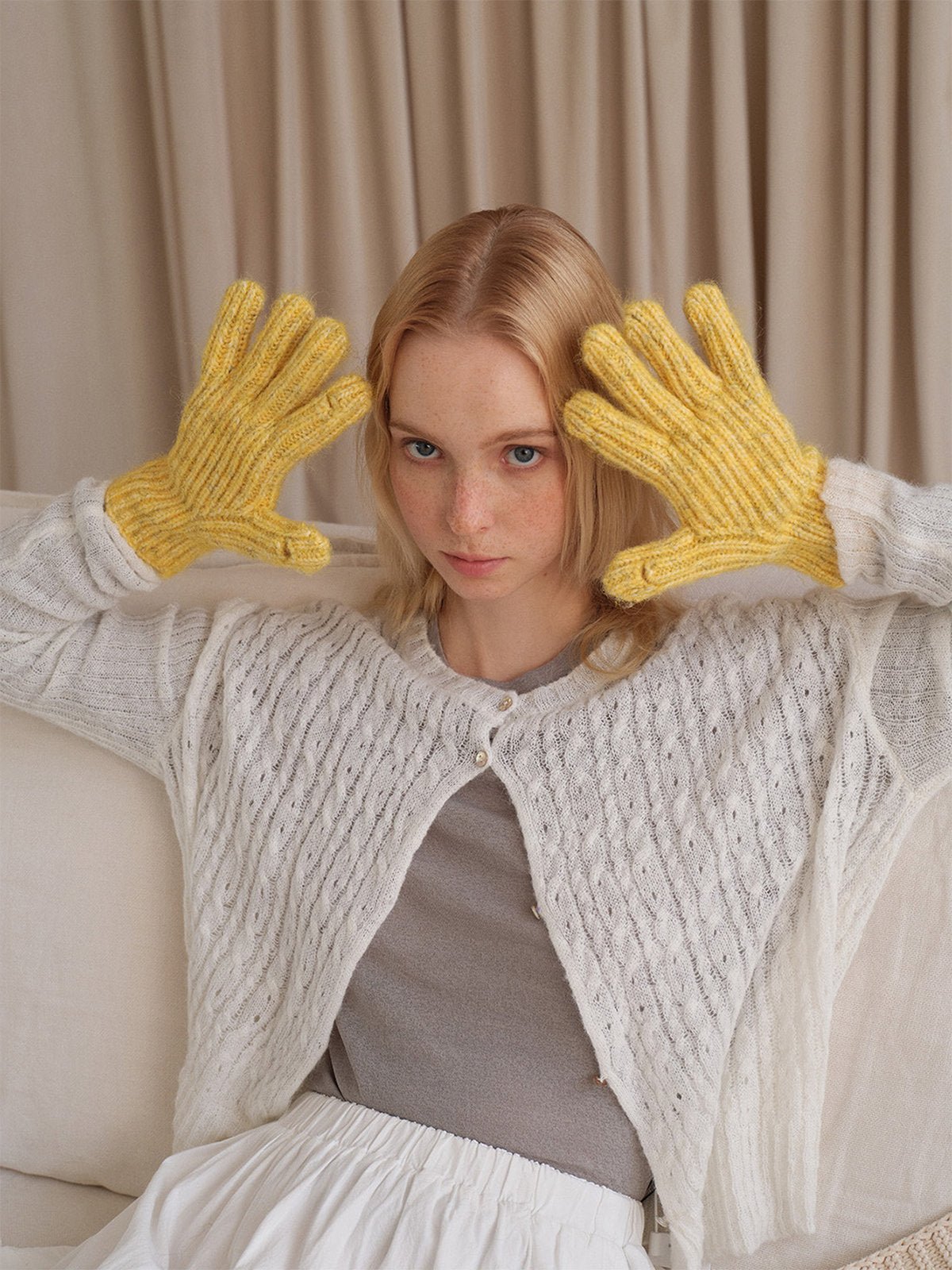 Gants hiver laine côtelée, maille épaisse tactile, douceur chaude unisexe, style casual coloré, taille unique, modèle Tyanne - Gants - Jaune
