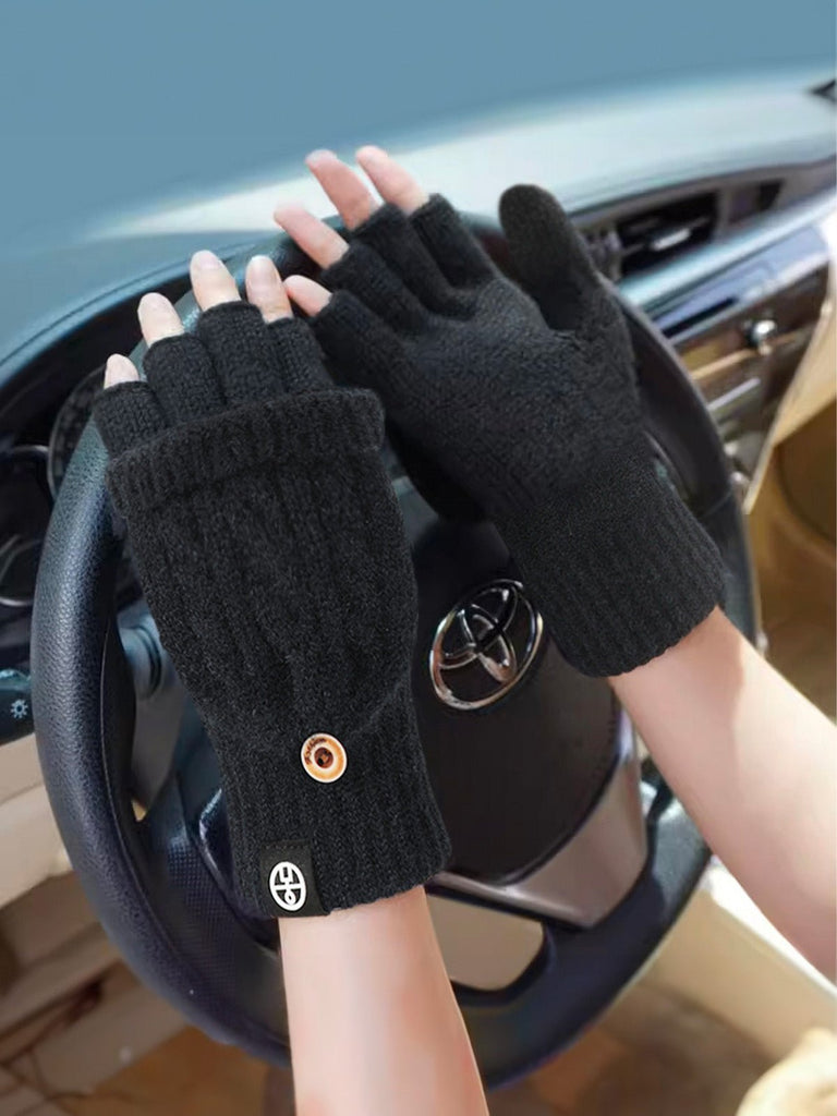 Gants hiver tricotés, modèle deux - en - un, sans doigts avec rabat, laine chaude, usage tactile, style unisexe, tricot épais, protection contre le froid, accessoire cosy, modèle Touns - Gants - Noir