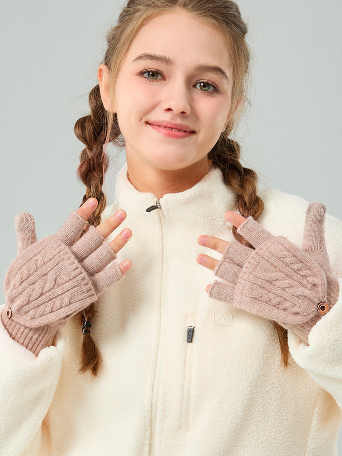 Gants hiver tricotés, modèle deux - en - un, sans doigts avec rabat, laine chaude, usage tactile, style unisexe, tricot épais, protection contre le froid, accessoire cosy, modèle Touns - Gants - Beige