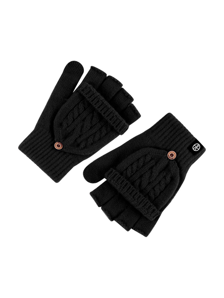 Gants hiver tricotés, modèle deux - en - un, sans doigts avec rabat, laine chaude, usage tactile, style unisexe, tricot épais, protection contre le froid, accessoire cosy, modèle Touns - Gants - Noir