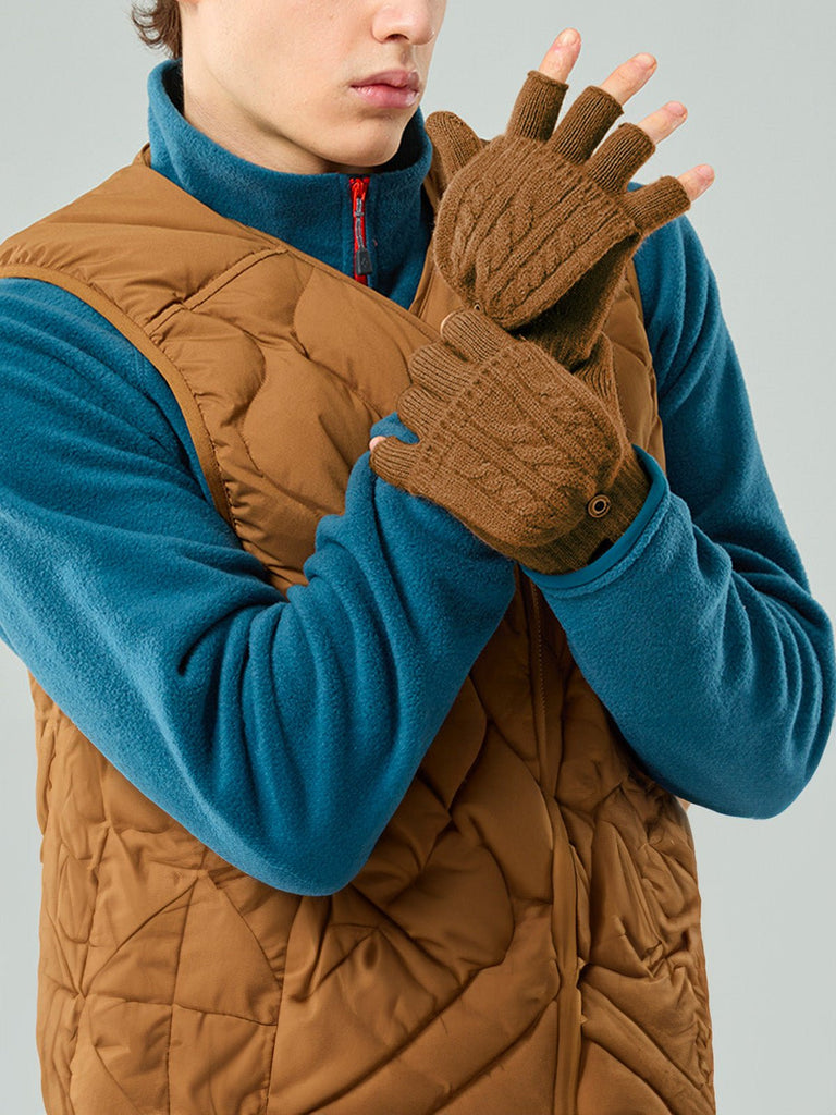 Gants hiver tricotés, modèle deux - en - un, sans doigts avec rabat, laine chaude, usage tactile, style unisexe, tricot épais, protection contre le froid, accessoire cosy, modèle Touns - Gants - Marron