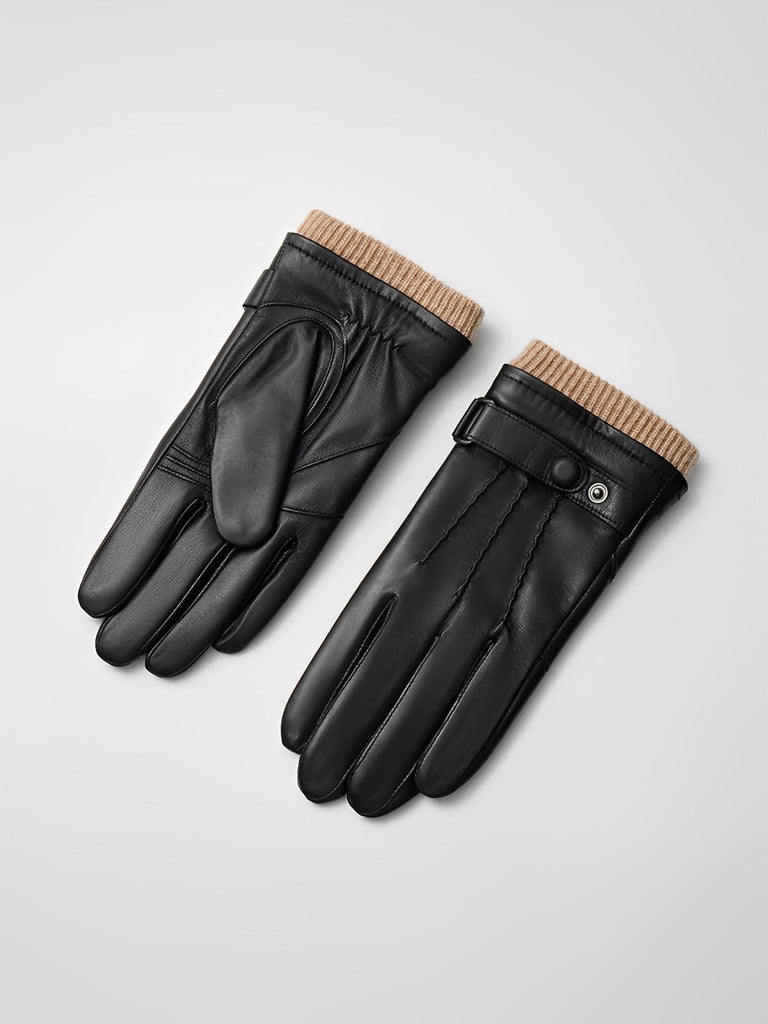 Gants homme hiver cuir véritable, intérieur laine chaude, style habillé chic, touche tactile smartphone, fermeture bouton pression, modèle Marcel - Gants - Noir M