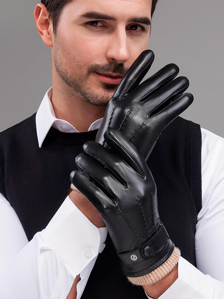 Gants homme hiver cuir véritable, intérieur laine chaude, style habillé chic, touche tactile smartphone, fermeture bouton pression, modèle Marcel - Gants - Noir M