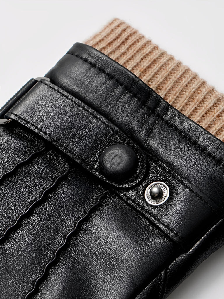 Gants homme hiver cuir véritable, intérieur laine chaude, style habillé chic, touche tactile smartphone, fermeture bouton pression, modèle Marcel - Gants - Noir M