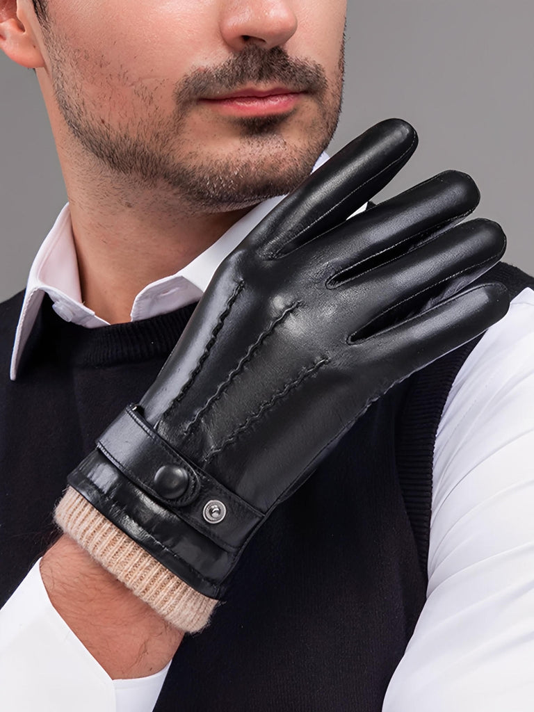 Gants homme hiver cuir véritable, intérieur laine chaude, style habillé chic, touche tactile smartphone, fermeture bouton pression, modèle Marcel - Gants - Noir M