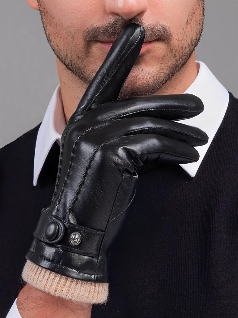 Gants homme hiver cuir véritable, intérieur laine chaude, style habillé chic, touche tactile smartphone, fermeture bouton pression, modèle Marcel - Gants - Noir M