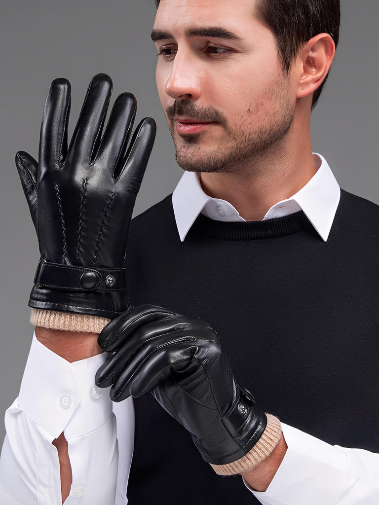 Gants homme hiver cuir véritable, intérieur laine chaude, style habillé chic, touche tactile smartphone, fermeture bouton pression, modèle Marcel - Gants - Noir M