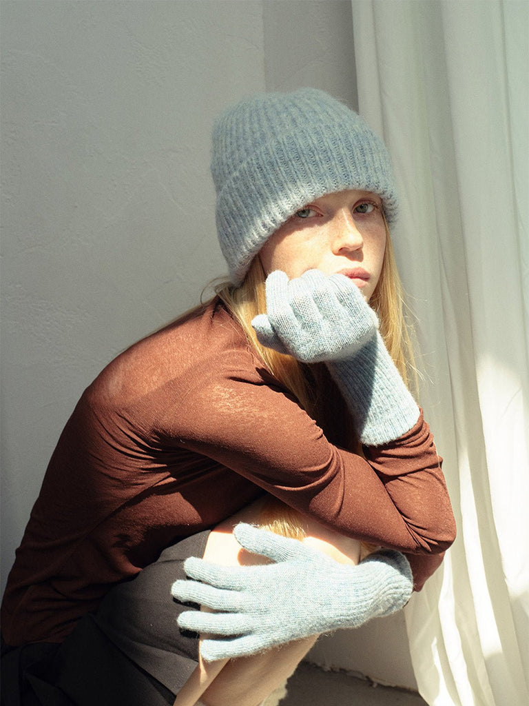 Gants longs laine, gants d'hiver doux, gants femme maille côtelée, gants tricotés chauds, gants confortables touché cachemire, modèle Vélie - Écharpe - Bleu