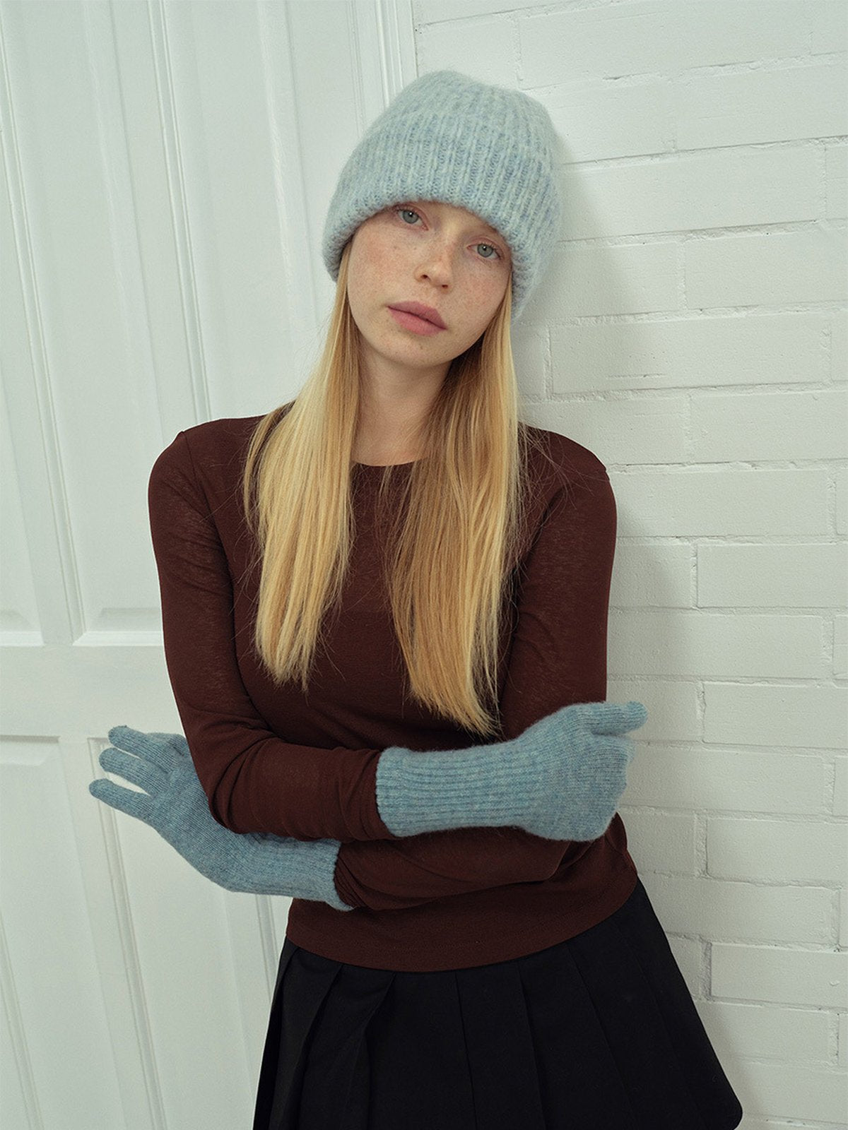 Gants longs laine, gants d'hiver doux, gants femme maille côtelée, gants tricotés chauds, gants confortables touché cachemire, modèle Vélie - Écharpe - Bleu