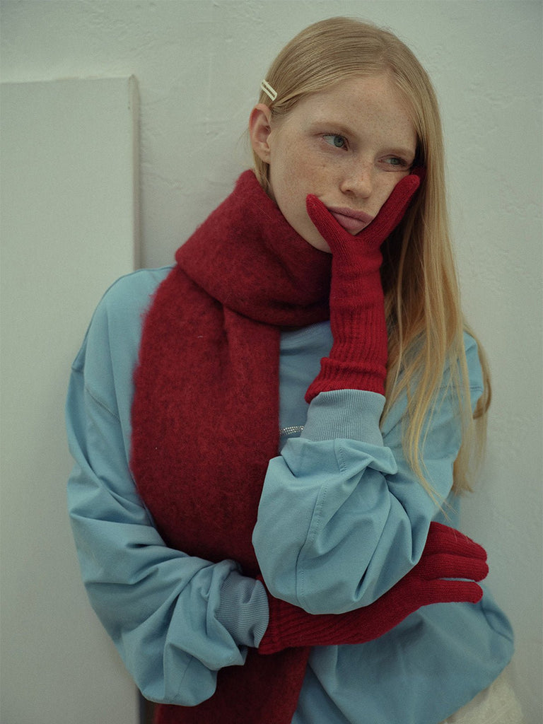 Gants longs laine, gants d'hiver doux, gants femme maille côtelée, gants tricotés chauds, gants confortables touché cachemire, modèle Vélie - Écharpe - Rouge