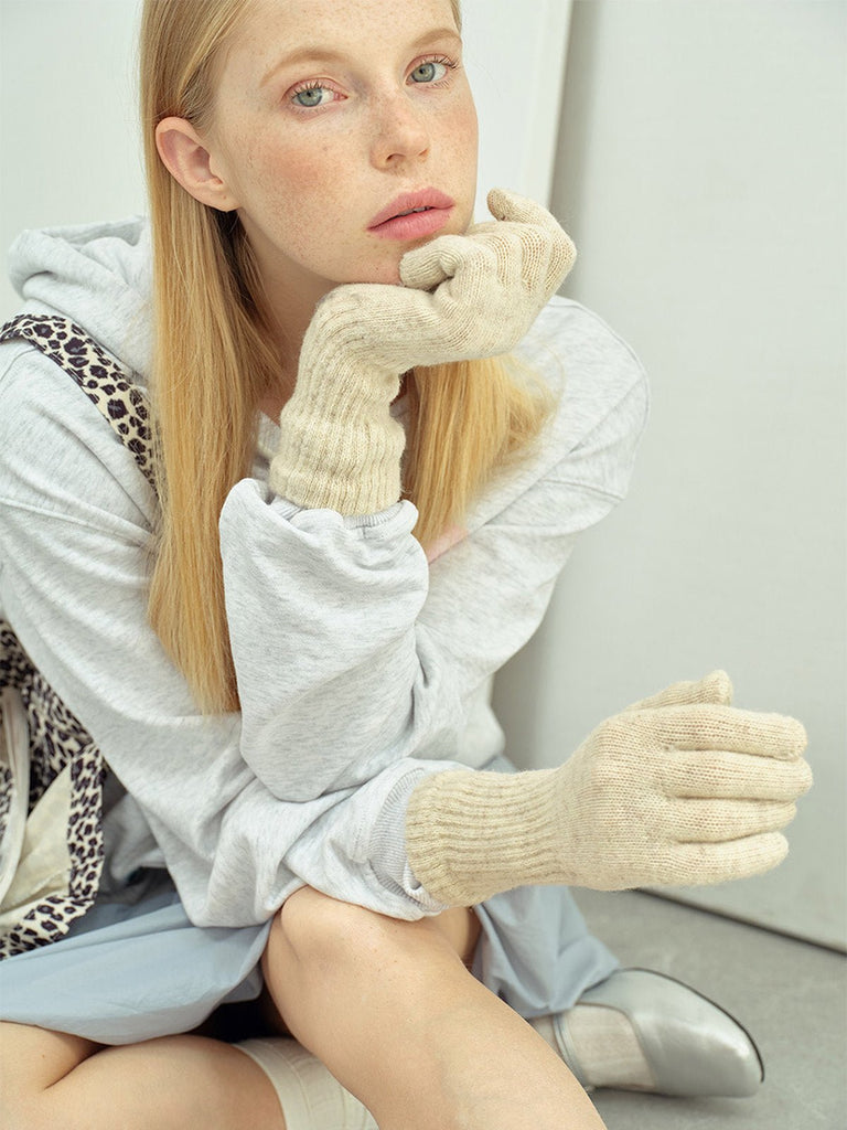 Gants longs laine, gants d'hiver doux, gants femme maille côtelée, gants tricotés chauds, gants confortables touché cachemire, modèle Vélie - Écharpe - Beige