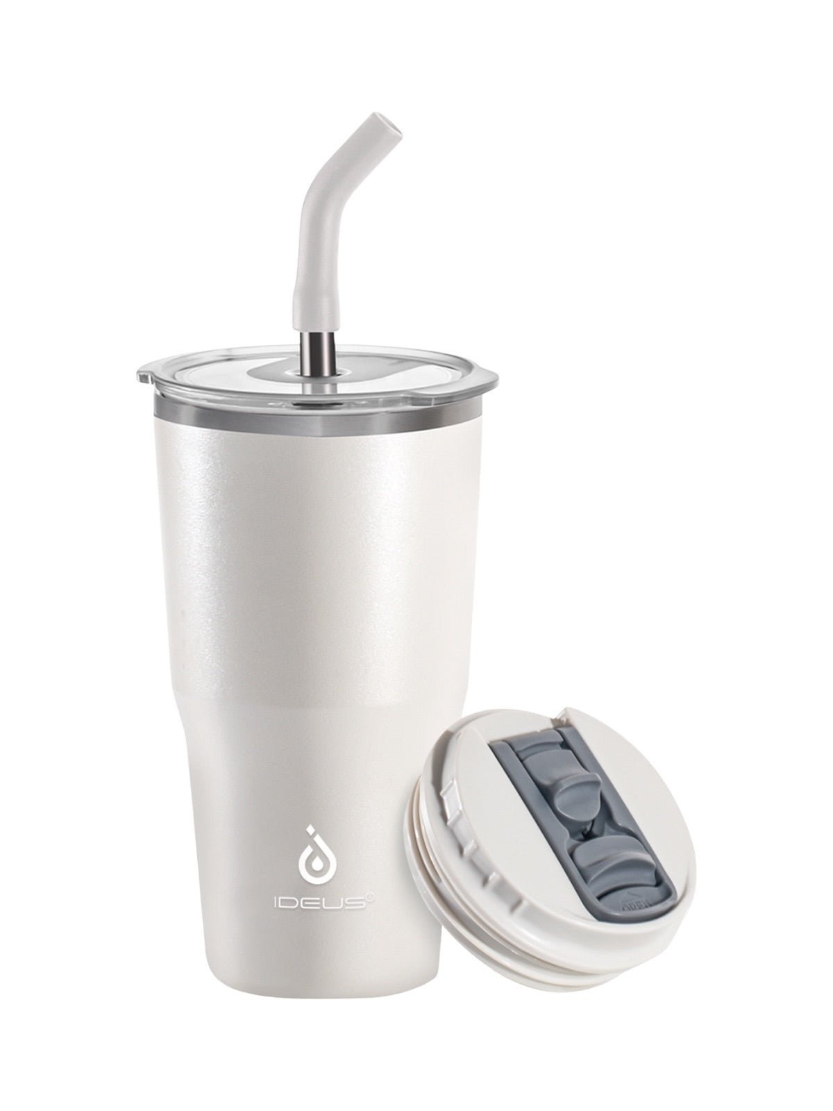 Gourde isotherme, gamme IDEUS, double couvercle, paille en inox, acier inoxydable 304, revêtement poudre, étanche, conserve chaud 12h, froid 6h, 532ml, large ouverture, nettoyage facile, sans BPA, modèle Spark - Gourde et Thermos - Blanc