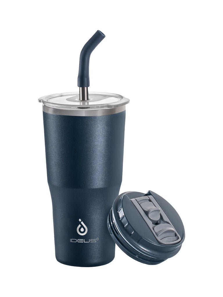 Gourde isotherme, gamme IDEUS, double couvercle, paille en inox, acier inoxydable 304, revêtement poudre, étanche, conserve chaud 12h, froid 6h, 532ml, large ouverture, nettoyage facile, sans BPA, modèle Spark - Gourde et Thermos - Bleu nuit