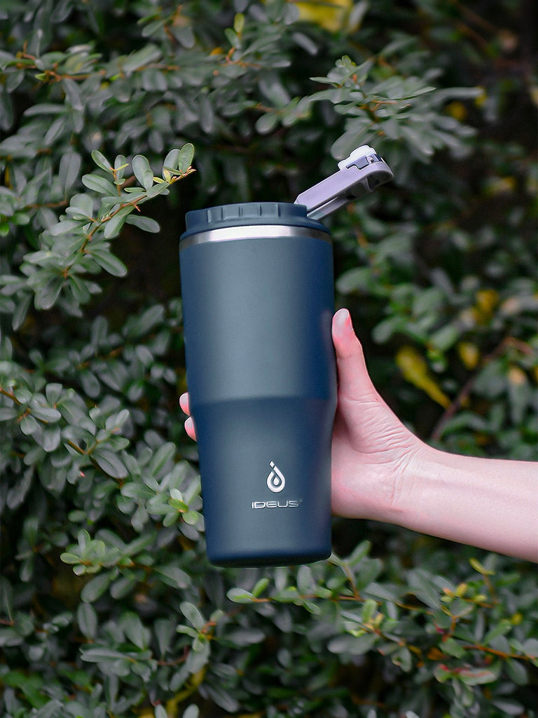 Gourde isotherme, gamme IDEUS, double couvercle, paille en inox, acier inoxydable 304, revêtement poudre, étanche, conserve chaud 12h, froid 6h, 532ml, large ouverture, nettoyage facile, sans BPA, modèle Spark - Gourde et Thermos - Bleu nuit