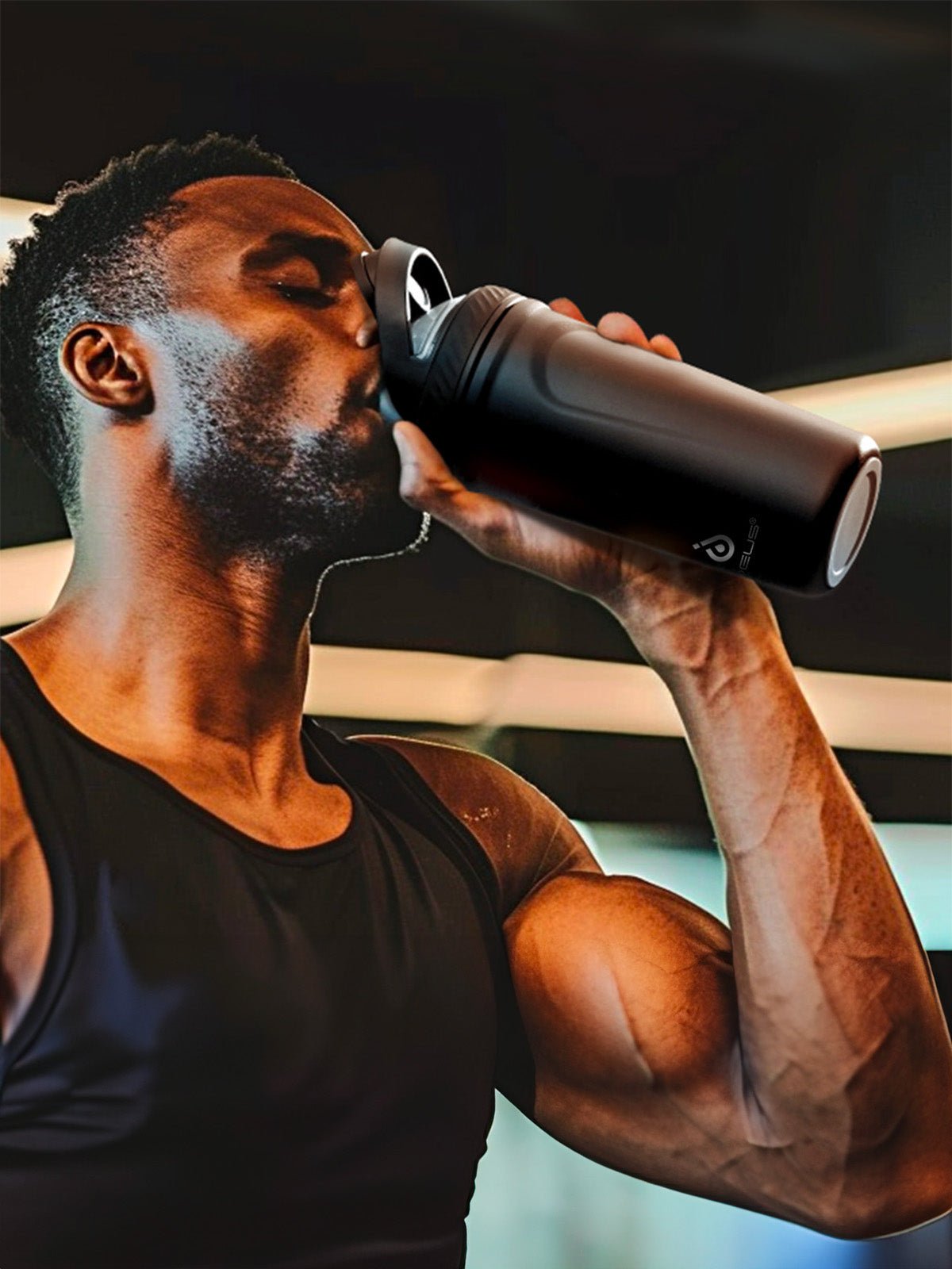 Gourde shaker sport isotherme, gamme IDEUS, bouteille inox 304, double paroi, mélangeur intégré, 709ml, étanche, sans BPA, maintien chaud 6h, froid 12h, modèle Euphron - Gourde et Thermos - Noir