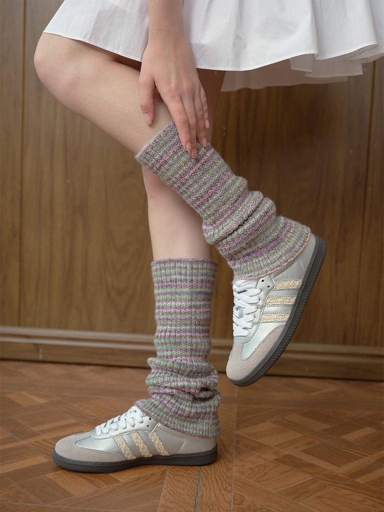 Guêtres femme, tricot doux, laine mélangée, confort thermique, style rétro, motif rayé, automne hiver, accessoire mode, jambe longue, look décontracté, modèle Bussine - Guêtre - Style 3