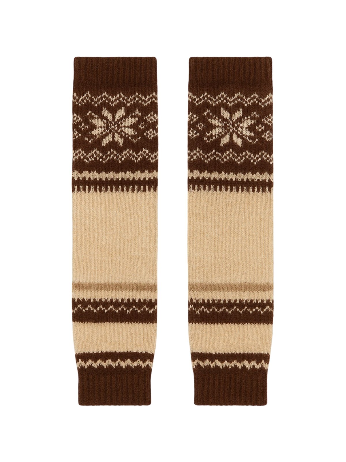 Guêtres tricotées femme, laine mélangée chaude, motif jacquard nordique, accessoire hiver confortable, guêtres longues beige marron, modèle Amnèse - Guêtre - Marron et beige