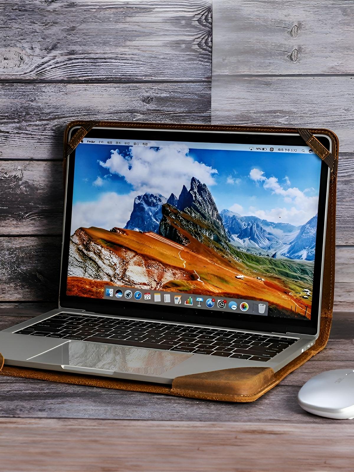 Housse MacBook Pro Air 13,3 pouces en cuir véritable, protection premium, étui support ergonomique, modèle Hercule - Housse - Café