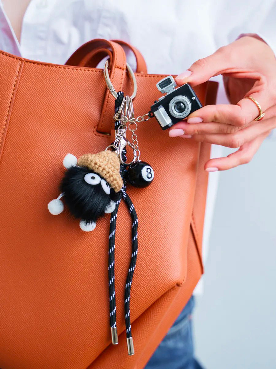 Bag charm, black plush hat, mini camera, ball 8, braided cord, keychain, Labu model