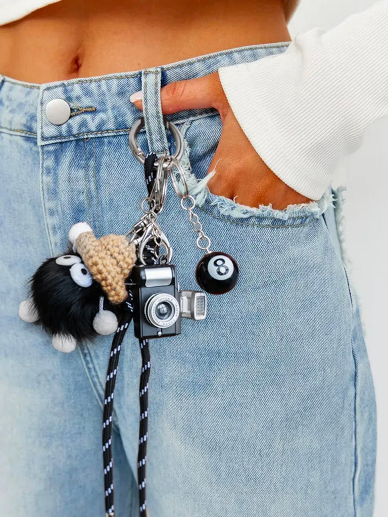 Bijou da borsa, peluche nera con cappello, mini macchina fotografica, palla 8, corda intrecciata, portachiavi, modello Labu