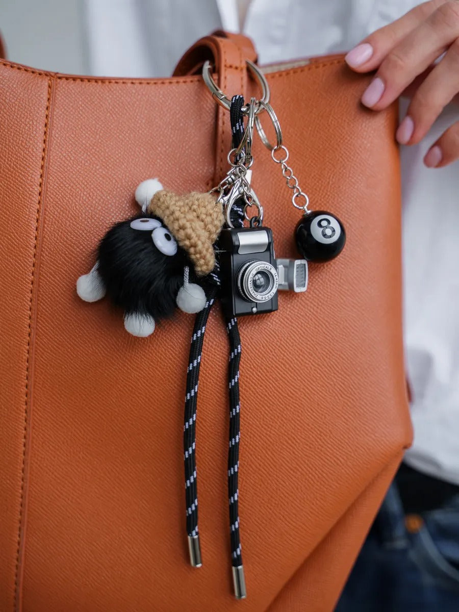 Bag charm, black plush hat, mini camera, ball 8, braided cord, keychain, Labu model