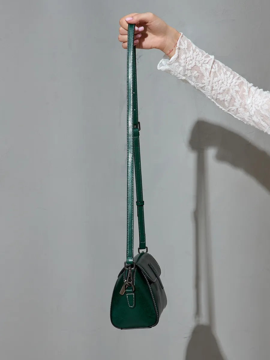 Women's leather shoulder bag, small rigid bag, rectangular format, multiple compartments, Azeline model