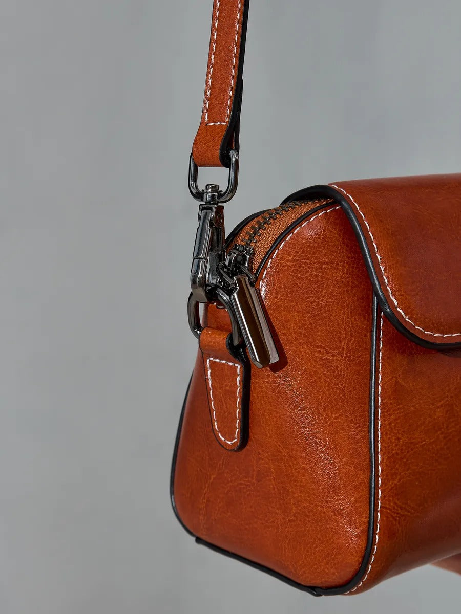 Women's leather shoulder bag, small rigid bag, rectangular format, multiple compartments, Azeline model