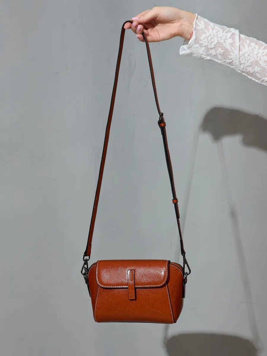 Women's leather shoulder bag, small rigid bag, rectangular format, multiple compartments, Azeline model