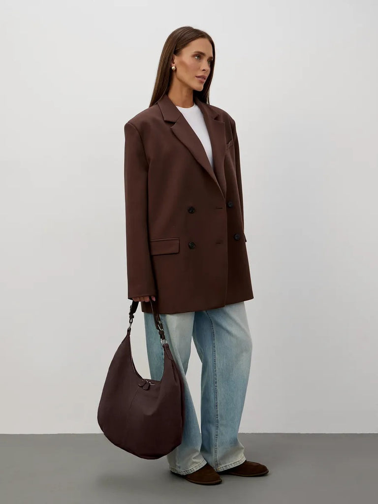 Borsa hobo color cioccolato, grande borsa morbida, borsa a spalla da donna, borsa secchiello di tendenza, borsa tote in tessuto scamosciato, modello Philomina