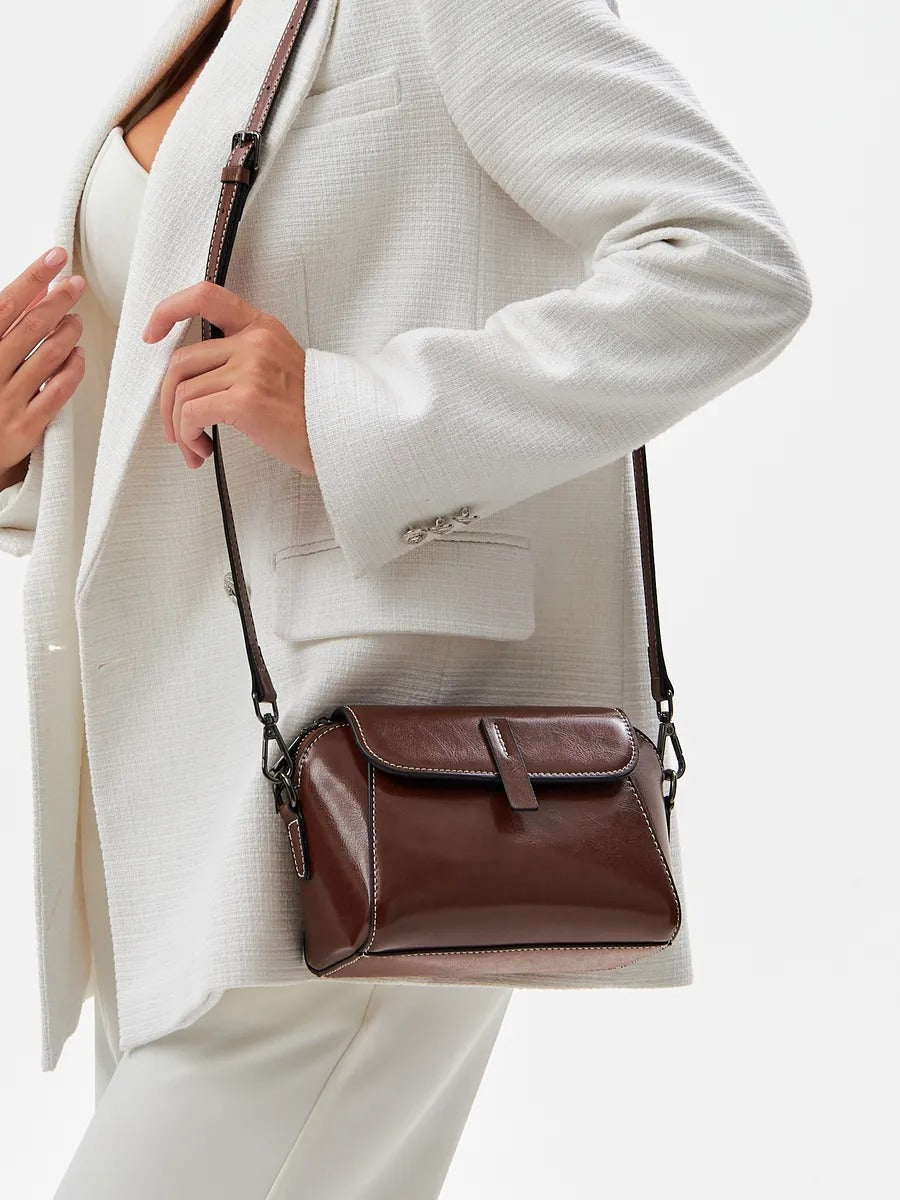 Women's leather shoulder bag, small rigid bag, rectangular format, multiple compartments, Azeline model