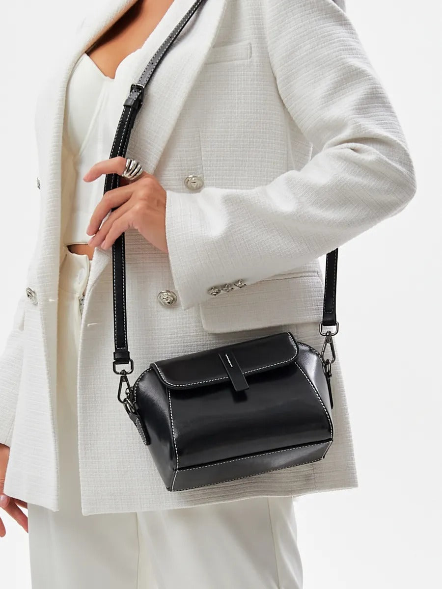 Women's leather shoulder bag, small rigid bag, rectangular format, multiple compartments, Azeline model