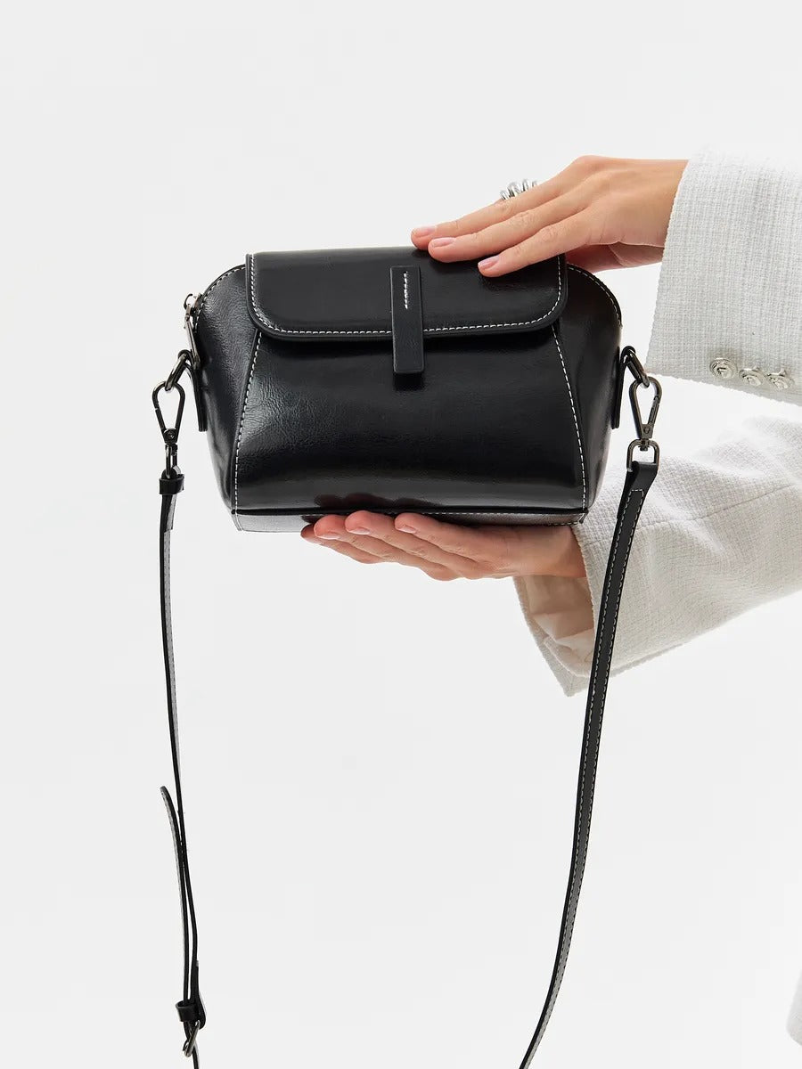 Women's leather shoulder bag, small rigid bag, rectangular format, multiple compartments, Azeline model