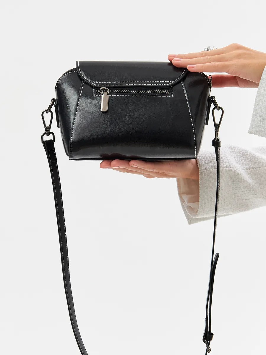 Women's leather shoulder bag, small rigid bag, rectangular format, multiple compartments, Azeline model