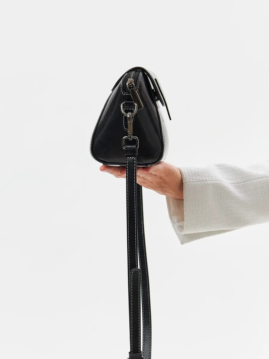 Women's leather shoulder bag, small rigid bag, rectangular format, multiple compartments, Azeline model