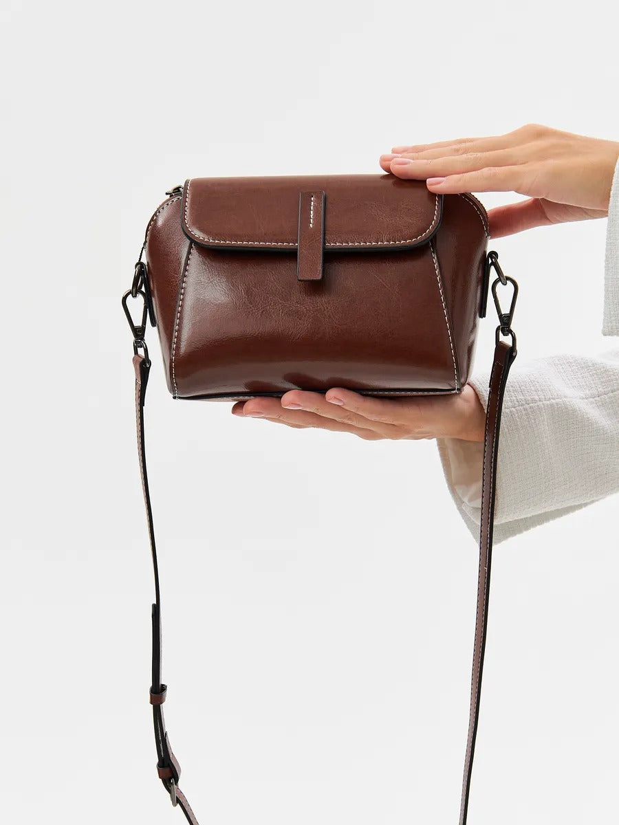 Women's leather shoulder bag, small rigid bag, rectangular format, multiple compartments, Azeline model