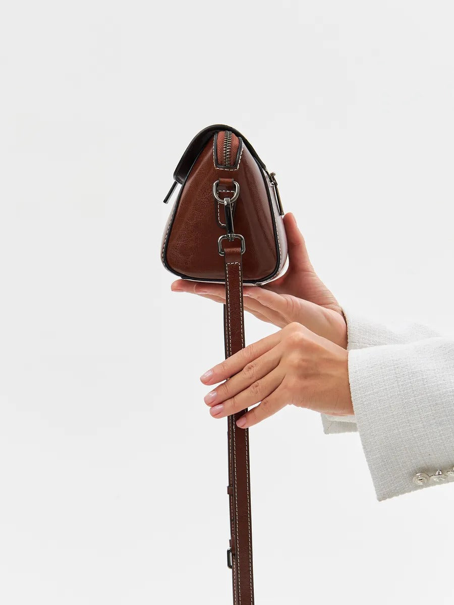 Women's leather shoulder bag, small rigid bag, rectangular format, multiple compartments, Azeline model
