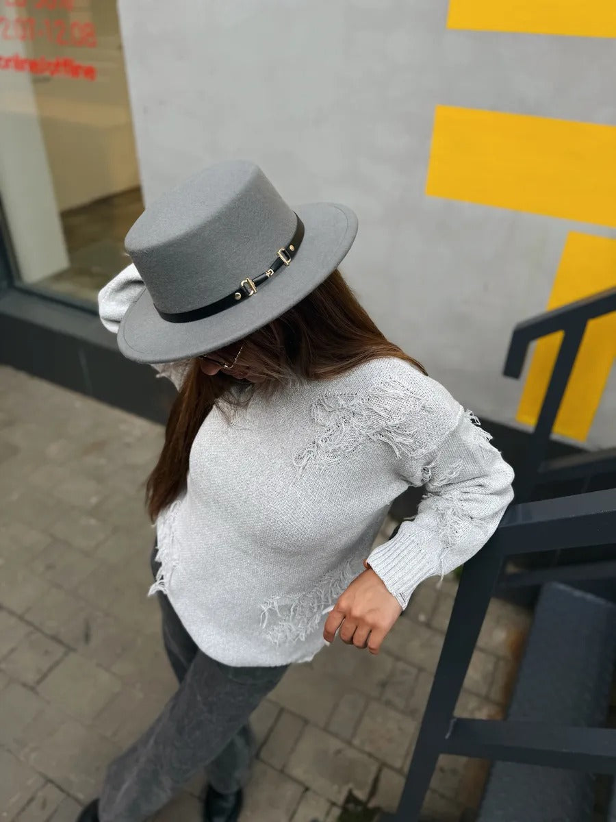 Women's felt hat, retro, autumn winter fashion accessory, flat hat with short brim, vintage style with ribbon, Ogana model