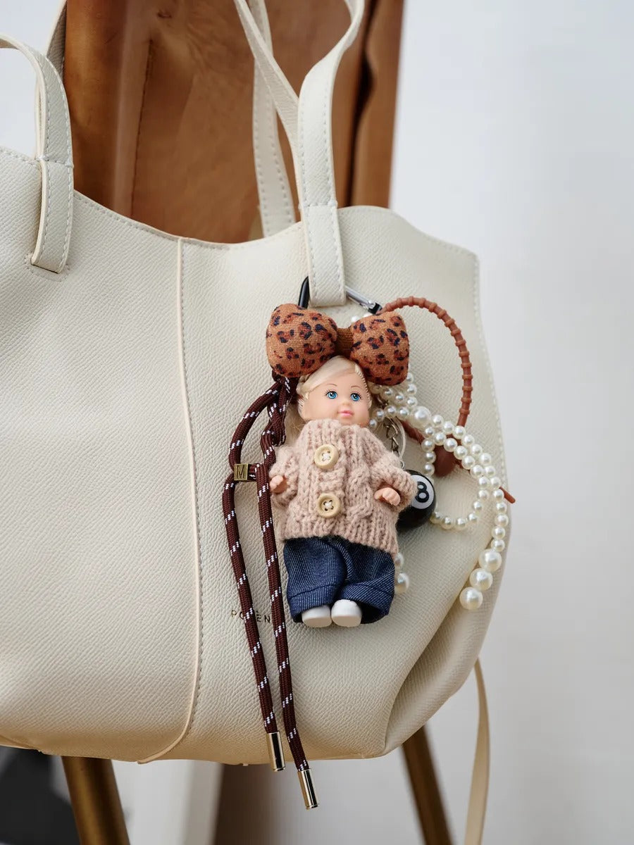 Bijou de sac poupée, porte-clés perles, accessoire fantaisie, ruban léopard, mini peluche, modèle Enastie