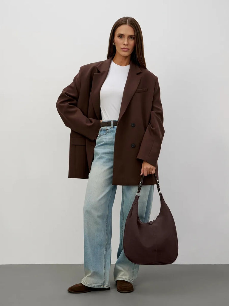 Borsa hobo color cioccolato, grande borsa morbida, borsa a spalla da donna, borsa secchiello di tendenza, borsa tote in tessuto scamosciato, modello Philomina