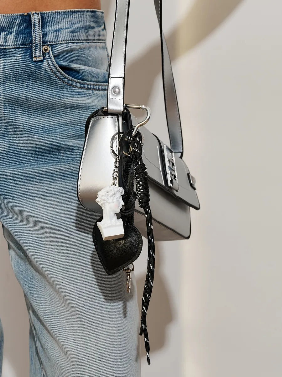 David bag charm, black heart, cord, carabiner, Birkin-inspired keychain, David model