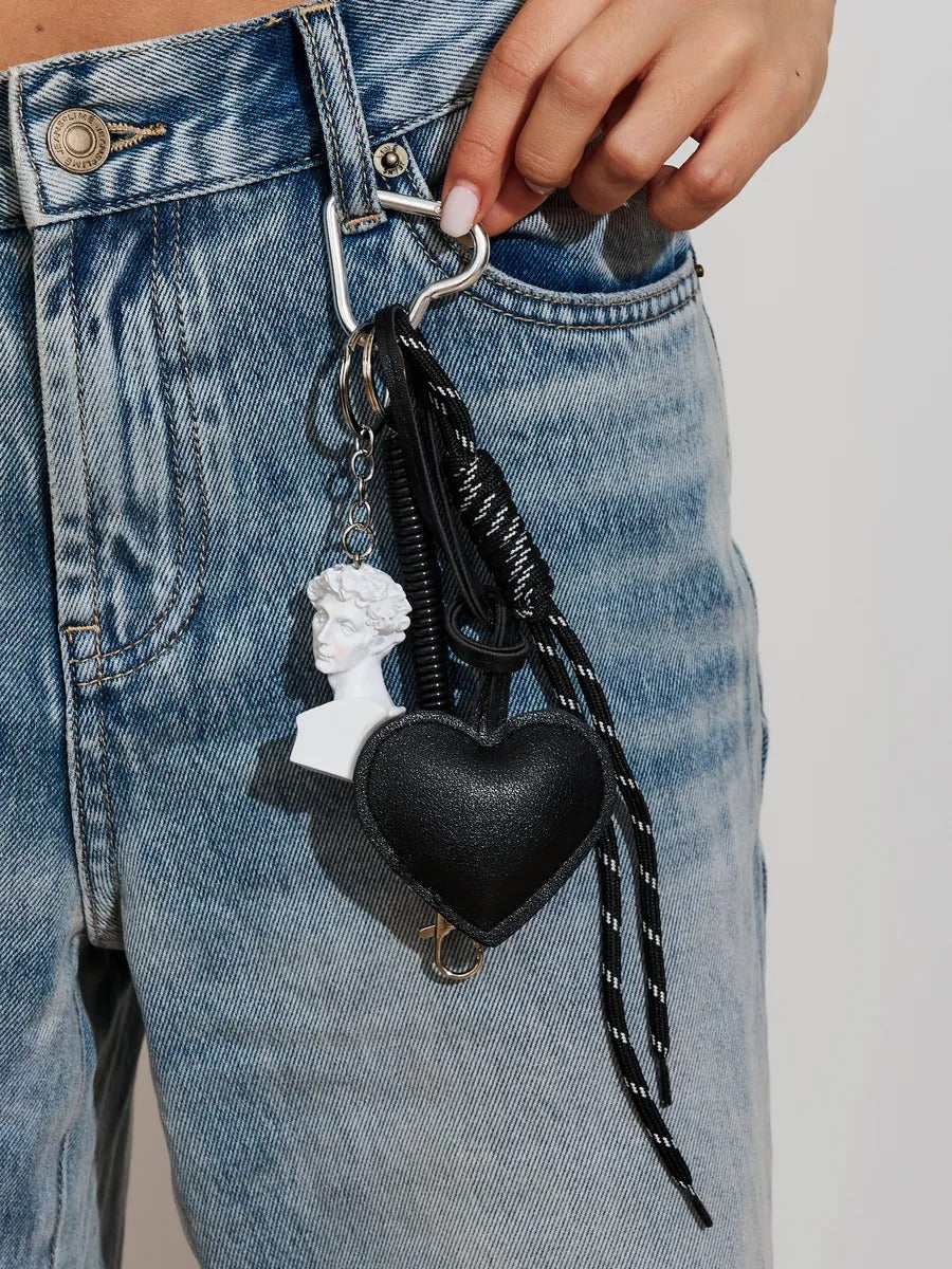 David bag charm, black heart, cord, carabiner, Birkin-inspired keychain, David model