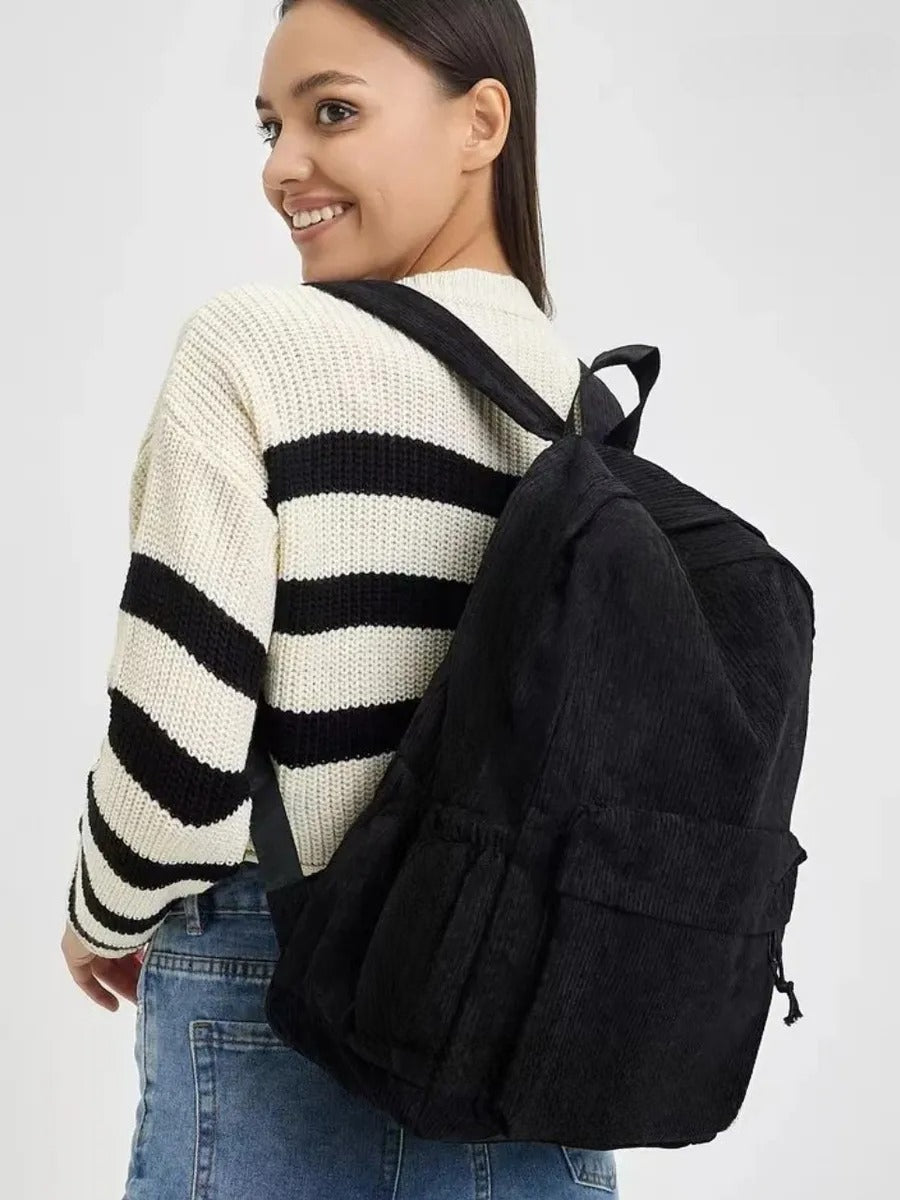 Corduroy backpack, A4 size, lightweight, large zippered pocket, casual style, school bag, Firex model
