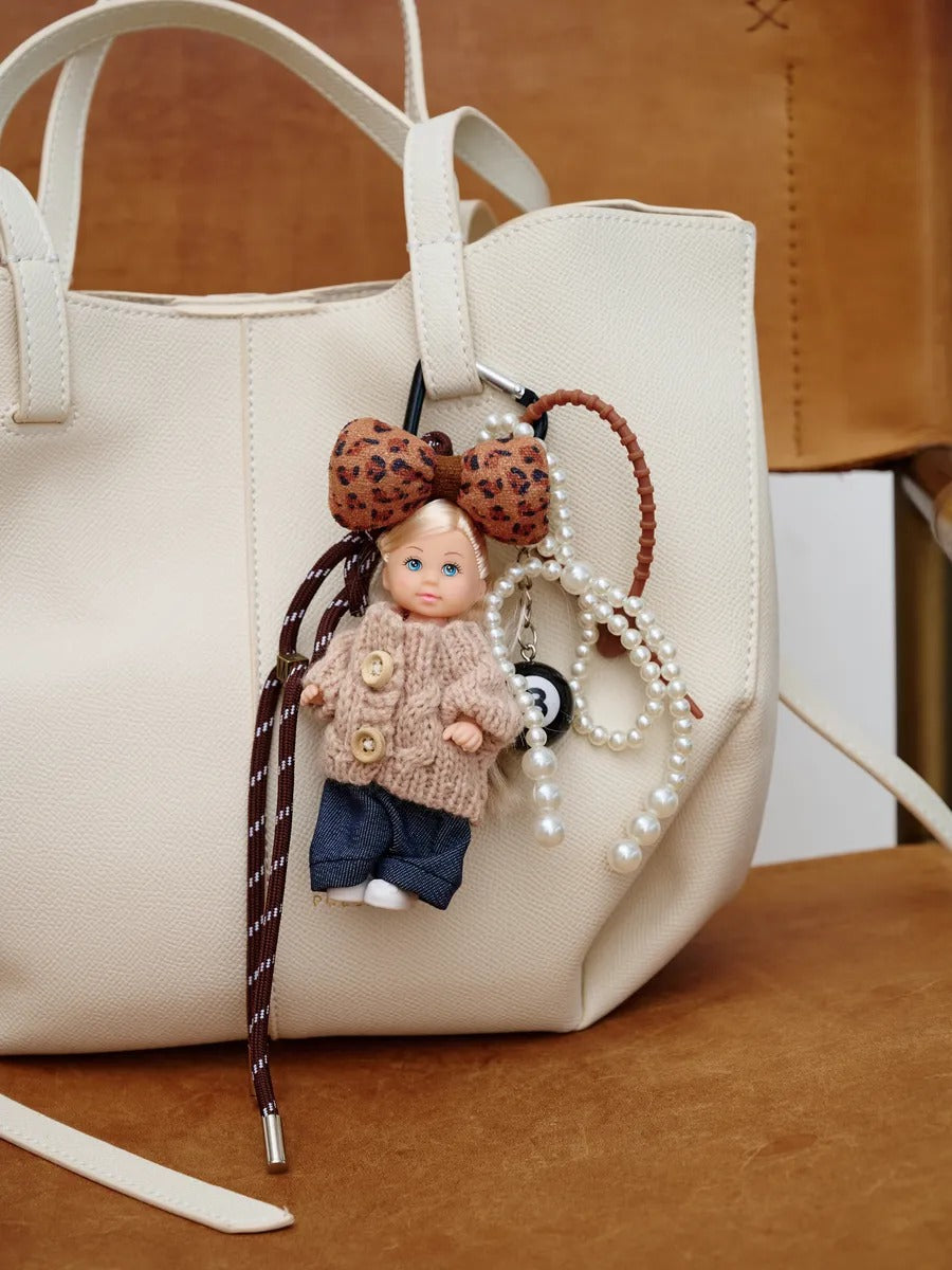 Bijou de sac poupée, porte-clés perles, accessoire fantaisie, ruban léopard, mini peluche, modèle Enastie