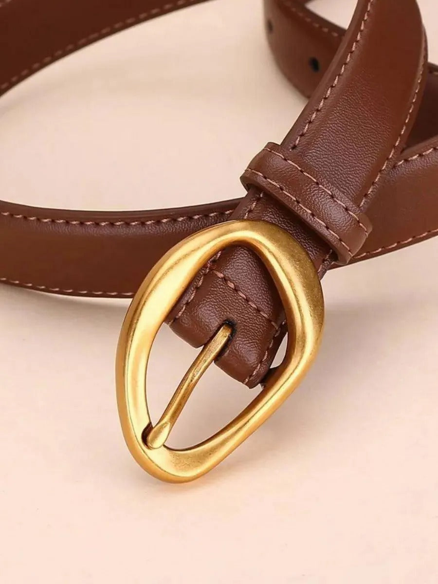 Women's leather belt, modern rounded golden buckle, classic thin belt, fashion accessory 2025, Adla model