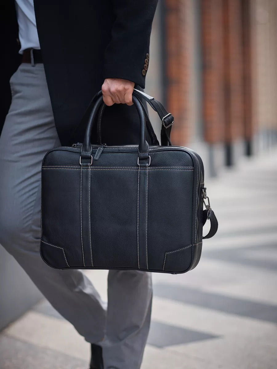 Men's leather briefcase, black briefcase, 14-inch laptop bag, business bag, shoulder business bag, school bag, teacher's bag, Zak model